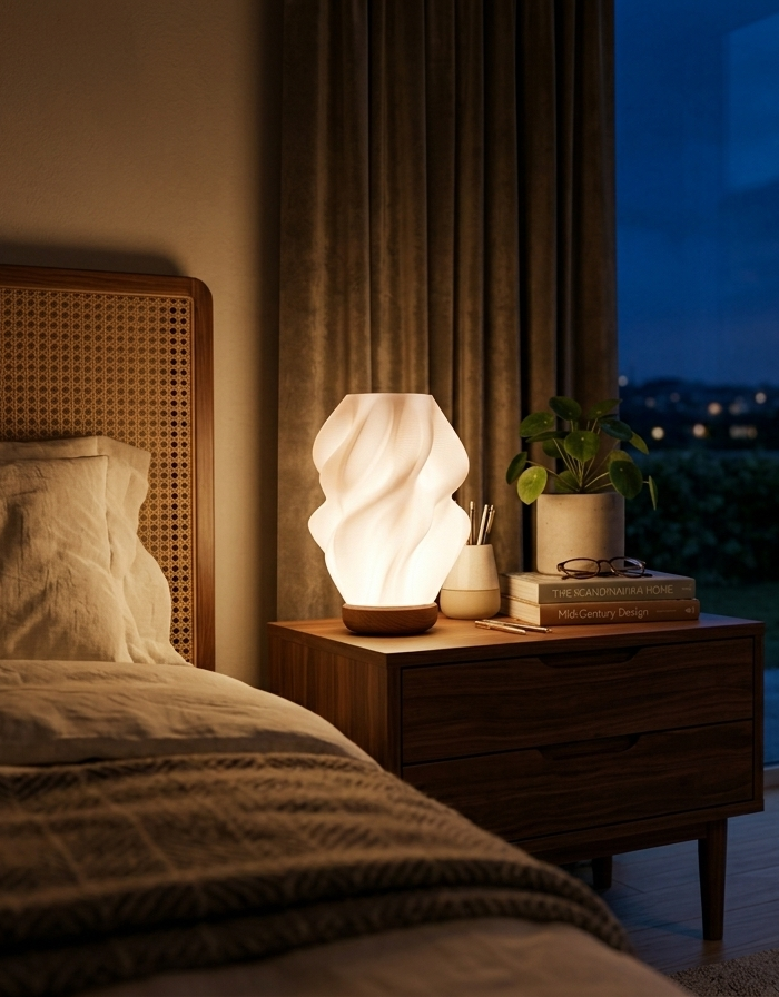 A 3D printed table lamp lit on a bedside table at night