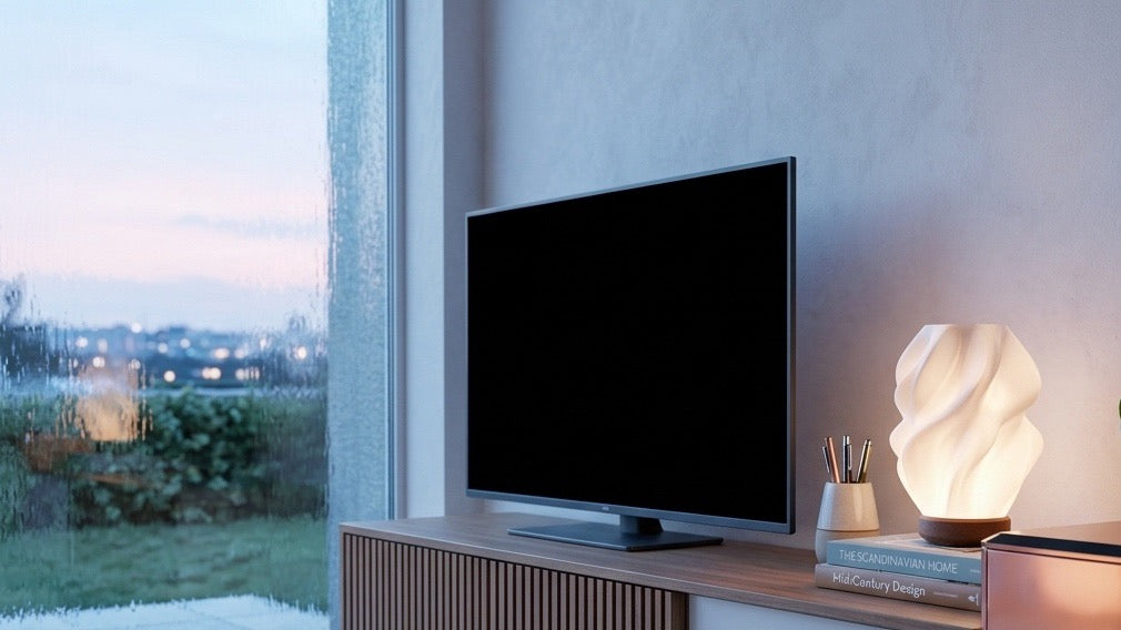 A 3D printed table lamp lit on a media console at dusk, city view through the window