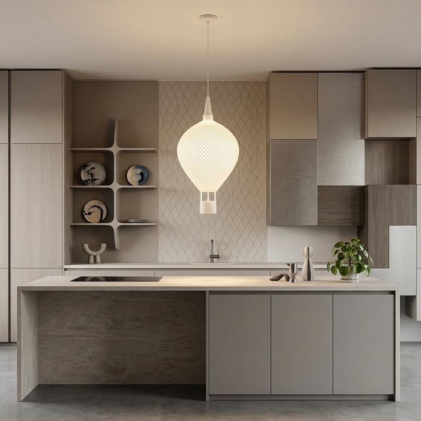 Ovarana Chandni pendant lamp lit above a kitchen island