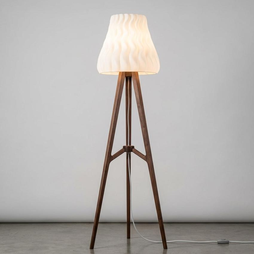 Ovarana Kiran 3D printed floor lamp lit, showing the warm glow through its fluted shade