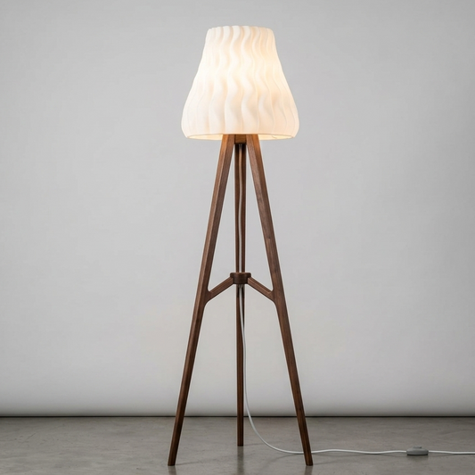 Ovarana Kiran 3D printed floor lamp lit, showing the warm glow through its fluted shade