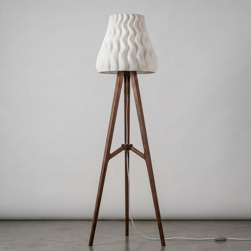 Ovarana Kiran floor lamp unlit, showing the fluted shade and walnut tripod base