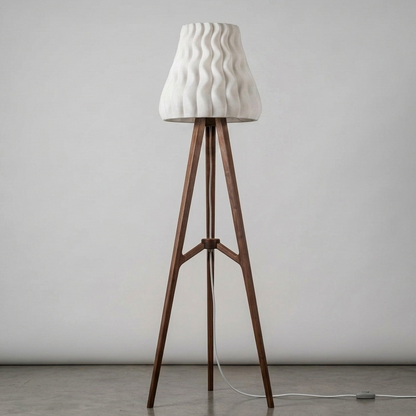 Ovarana Kiran floor lamp unlit, showing the fluted shade and walnut tripod base