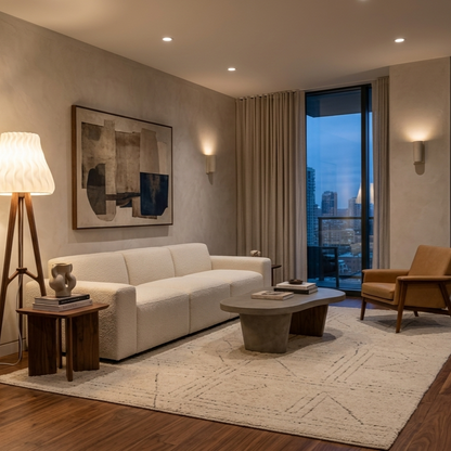 Ovarana Kiran floor lamp lit in a living room corner at dusk