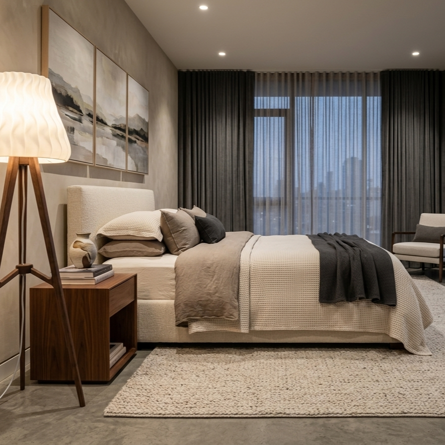 Ovarana Kiran floor lamp lit beside a bed in the evening