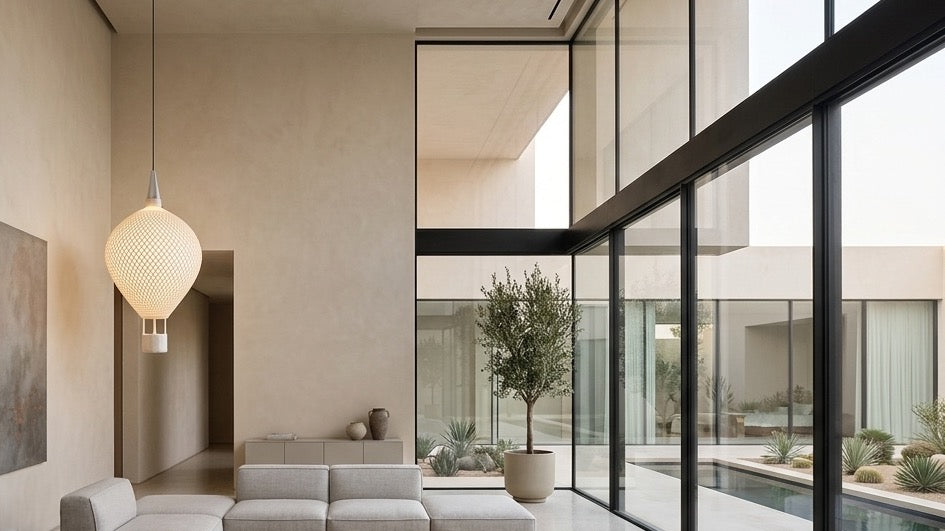 A 3D printed pendant lamp lit in a double-height living room with a courtyard beyond