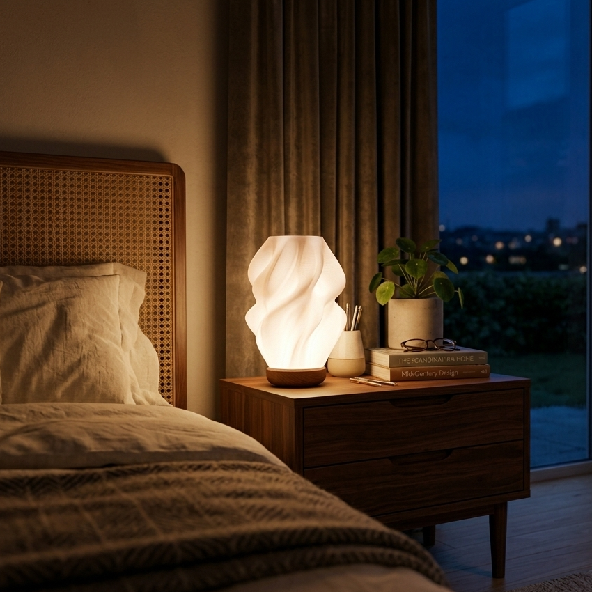 Ovarana Sanjh table lamp lit on a bedside table at night