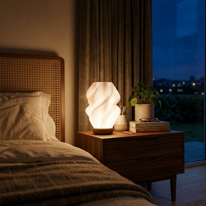 Ovarana Sanjh table lamp lit on a bedside table at night